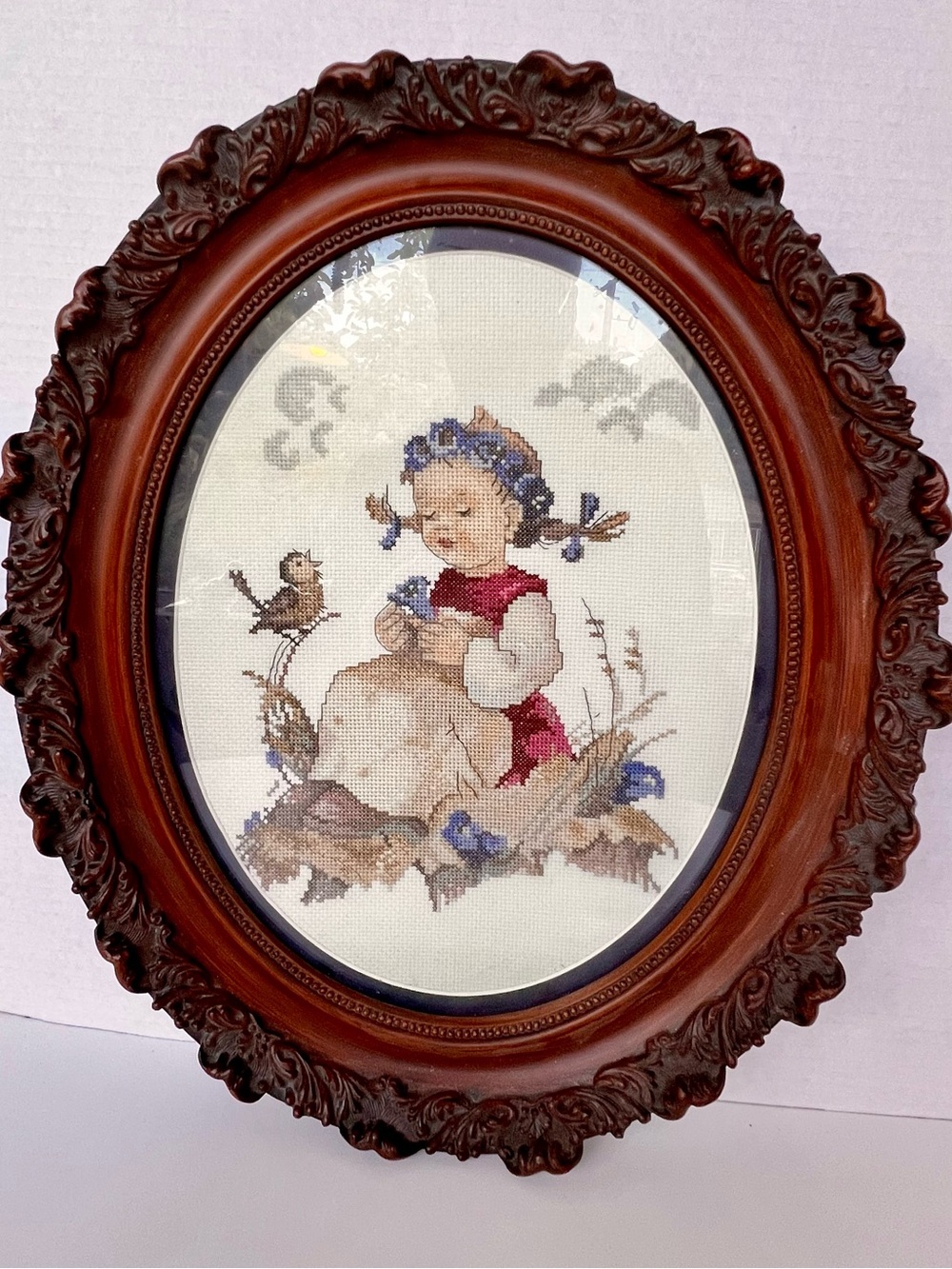 Vintage Hummel Style Framed Cross Stitch Art Oval Ornate Frame Cottagecore